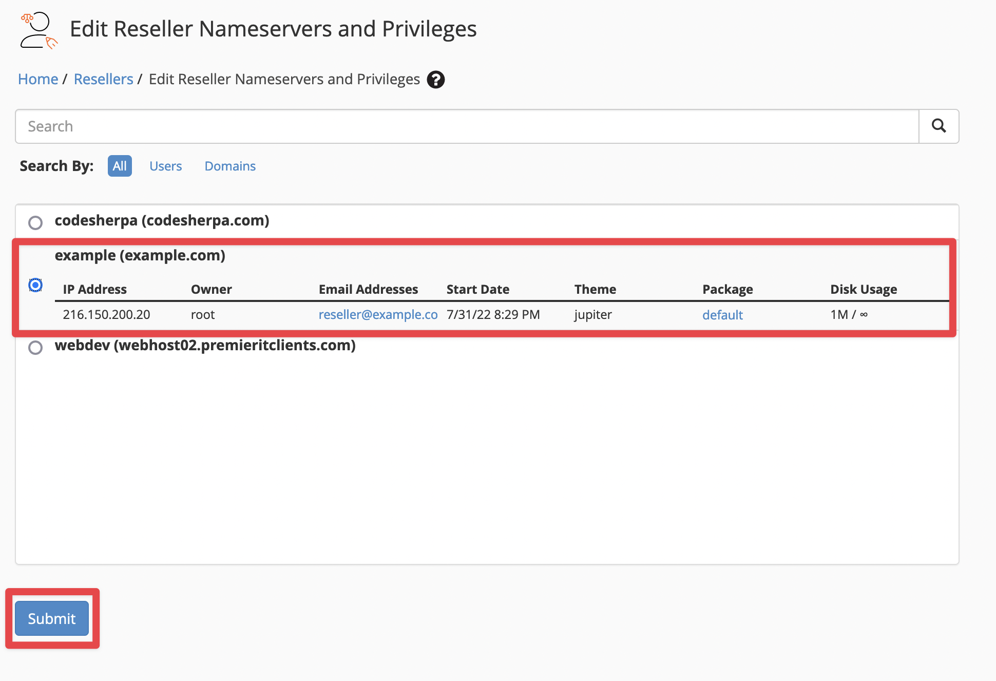  Edit Reseller Nameservers and Privileges